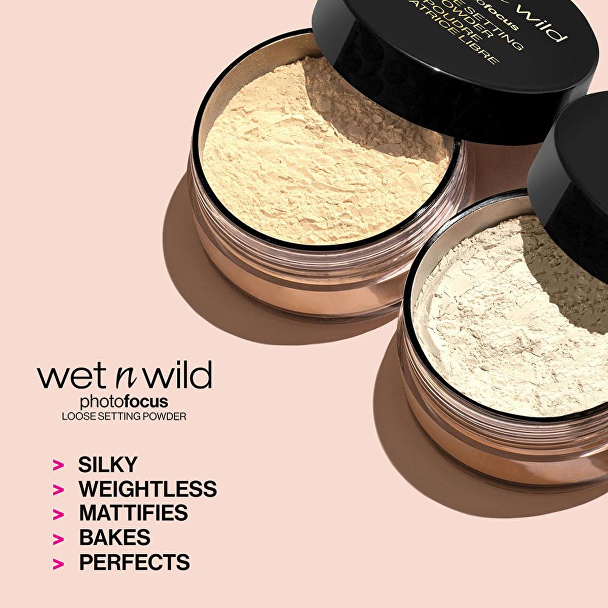 wet n wild photo focus loose setting powder translucent, wet n wild photo focus loose powder in packaging, application of wet n wild setting powder Wet n Wild Photo Focus Loose Setting Powder - Translucent for All Skin Types | 0.7 oz Wet n Wild Photo Focus Loose Setting Powder - Translucent loose-setting-powder, wet-n-wild, translucent-powder, makeup-setting, oil-absorbing, lightweight, baking-powder, cosmetic, photo-focus-powder, ai-generated