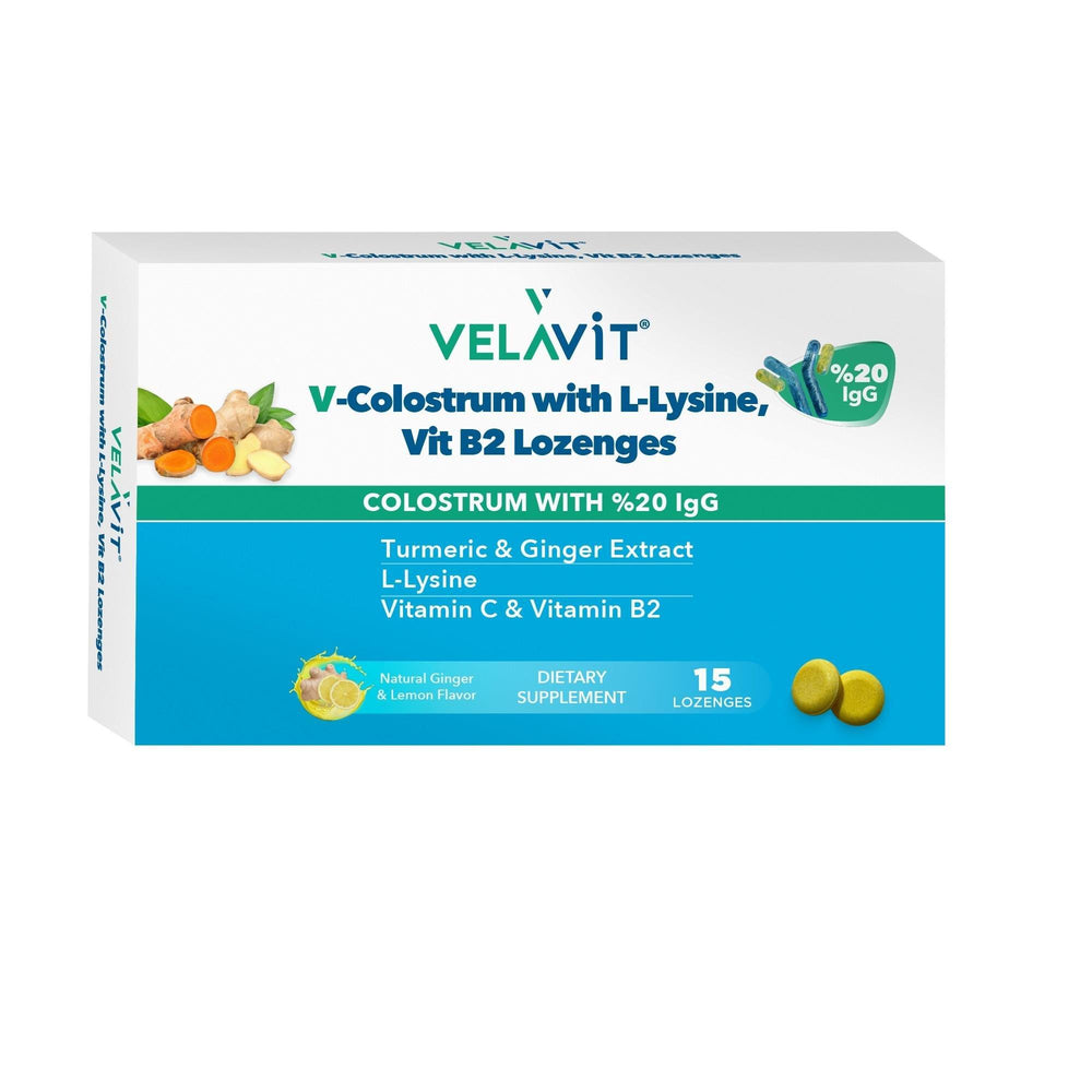 Velavit - Immune Boosting Colostrum Pastilles with L-Lysine & Vitamin B2 - Sugar-Free, Ginger & Lemon Flavored Velavit Colostrum Pastilles - Immune Support, Sugar-Free colostrum pastilles, dietary supplement, immune system support, sugar-free pastilles, L-Lysine supplement, Vitamin B2 supplement, stevia sweetened, ginger flavored supplement, curcumin supplement, natural health products, immune boosting, nutritional supplements, health and wellness