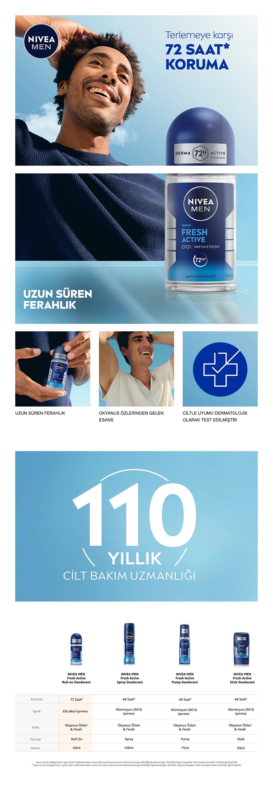 Nivea Men Fresh Active Deodorant Roll-On for Men - Long Lasting Freshness &amp; Hygiene 50ml