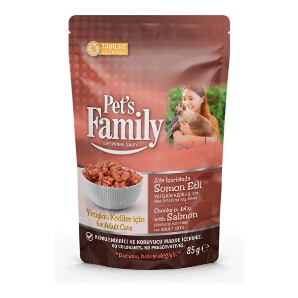 Pet's Family Adult Cat Food Pouch - Salmon Flavor, 85g - Grain-Free, Natural, Convenient Pet's Family Salmon Cat Food - Natural & Grain-Free adult cat food, salmon flavored cat food, jelly cat food, pouch cat food, grain-free cat food, natural cat food, cat nutrition, convenient cat food, salmon cat food, healthy cat food, cat meal, pet food