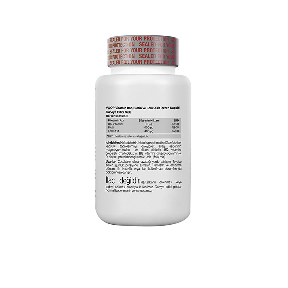 Voop Vitamin B12 Biotin Folic Acid Supplement - Energy, Hair & Nail Health Support - 60 Light-Protected Capsules Voop Vitamin B12 Biotin - Energy & Beauty Supplement Vitamin B12 supplement, Biotin supplement, Folic acid supplement, Vitamin B12 capsules, Biotin capsules, Folic acid capsules, Vitamin B12 Biotin Folic Acid, B12 supplement, Hair and nail vitamins, Energy supplement, Vitamin B12, Biotin, Folic Acid, capsule, light-proof packaging, adults, hair health, nail health, energy levels, fatigue reductio