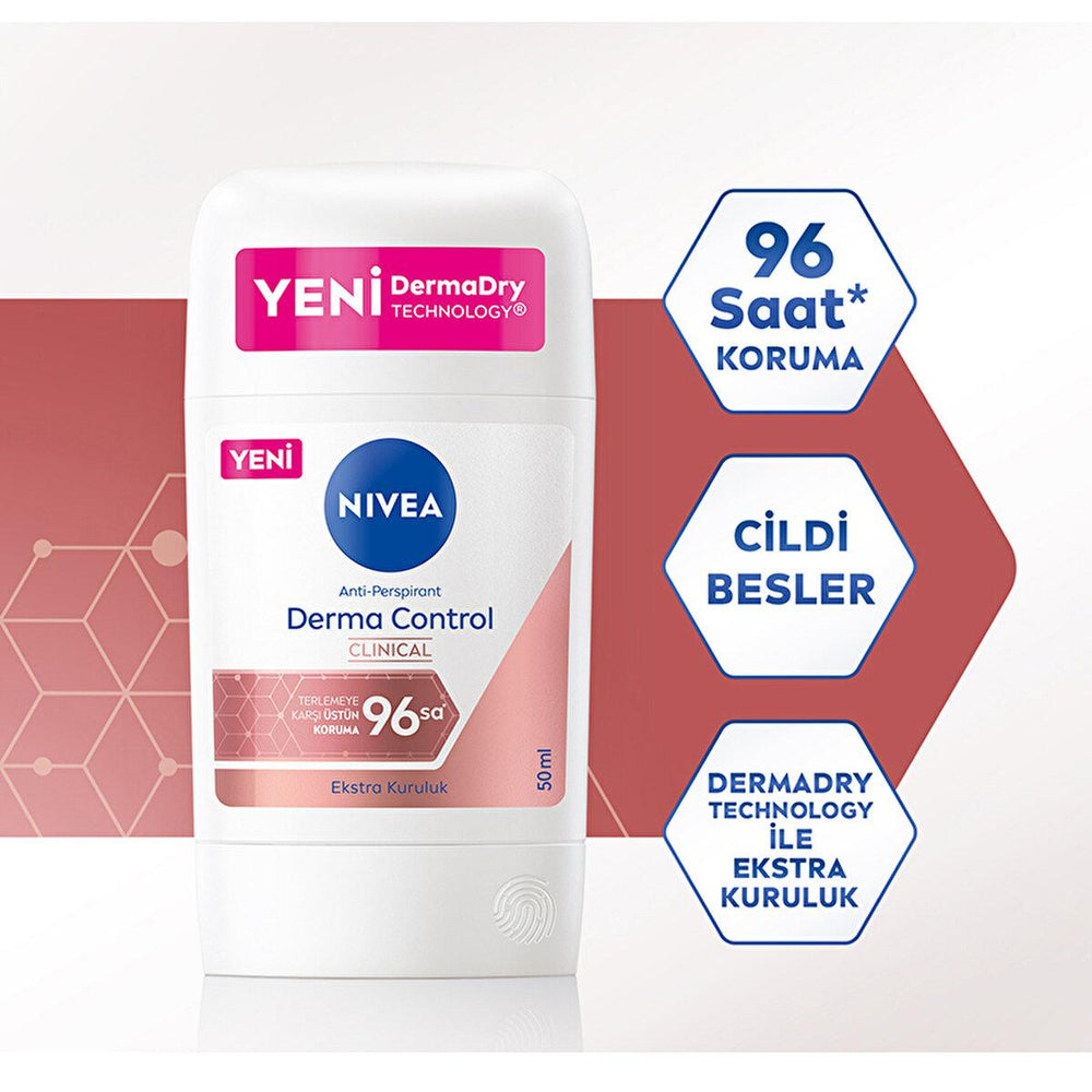 Nivea Derma Control Clinical Women's Deodorant Stick - Long Lasting Anti-Perspirant Protection, 50ml - Deodorant