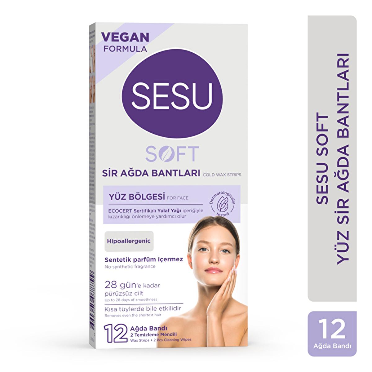 sesu soft wax strips packaging, close up of sesu wax strips, application of sesu soft wax strips on skin Sesu Soft Wax Strips 12 Count - Ideal for Sensitive Skin | Perfect for Face Areas Sesu Soft Wax Strips - 12 Count for Smooth Skin susu-soft-wax-strips, face-waxing, sensitive-skin-care, hair-removal-strip, skincare, smooth-skin, easy-waxing, effortless-hair-removal, ecocert-oat-oil, ai-generated