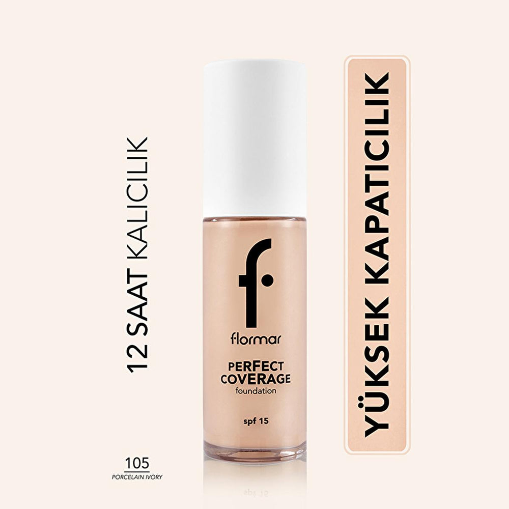Flormar Perfect Coverage Foundation 105 Porcelain Ivory: Flawless Finish, 12-Hour Wear, and SPF 15 Protection Flormar Foundation: Perfect Coverage, Long Lasting & SPF 15 full coverage foundation, long lasting foundation, foundation with almond oil, foundation with SPF, makeup for all skin types, Flormar foundation, flawless finish foundation, porcelain ivory foundation, 12 hour foundation, liquid foundation, makeup, cosmetics, beauty, skincare, almond oil, olive oil, SPF 15, even skin tone, blemish coverage