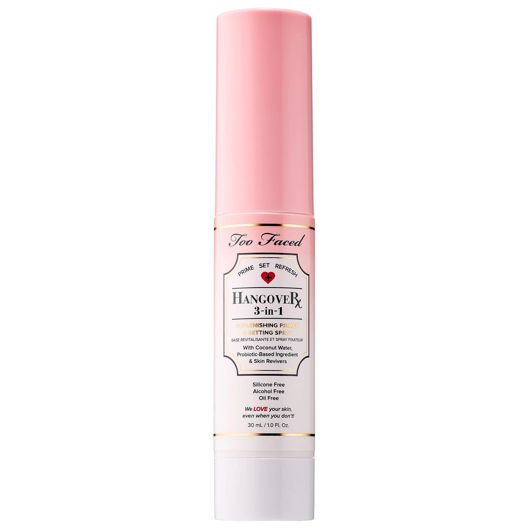 Too Faced Hangover: 3-in-1 Primer, Setting &amp; Refreshing Spray | Coconut Water &amp; Probiotics for Hydrated, Long-Lasting Makeup Too Faced Hangover Primer Setting Spray: Hydrate &amp; Set Makeup primer setting spray, 3-in-1 makeup spray, coconut water face mist, hydrating setting spray, makeup primer spray, face refresher mist, probiotic face spray, long lasting makeup setting spray, makeup, face, setting spray, face primer, makeup refresher, hydrating mist, coconut water, probiotics, dry skin, long-lasting makeup,