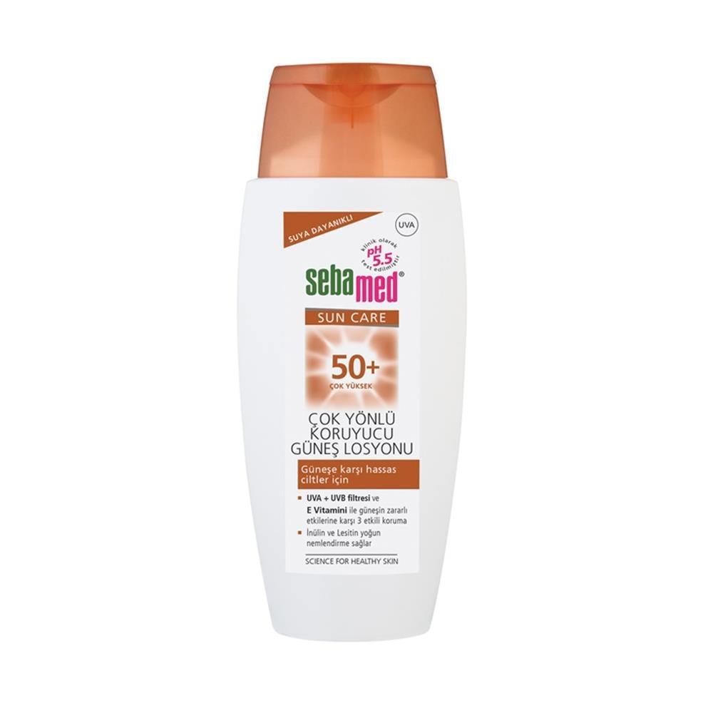 sebamed sun lotion spf 50+ front view, sebamed sun lotion spf 50+ back view Sebamed Sun Care Multi Protect Sun Lotion - SPF 50+ | 150 ml Sebamed Sun Lotion SPF 50+ | 150 ML sebamed, sun-lotion, spf-50-plus, sensitive-skin, water-resistant, sunscreen, sun-care, beachgoers, skincare, ai-generated