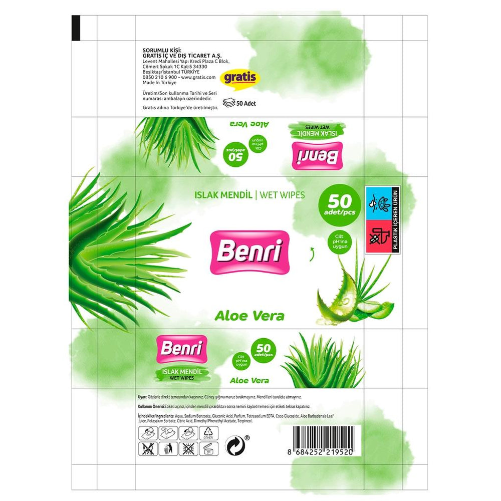 Benri Aloe Vera Wet Wipes for Gentle Cleansing 50 Count