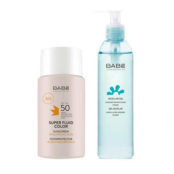 Babe Super Fluid Color Sunscreen SPF50 50ml, Babe Soothing Micellar Gel 90ml Babe Super Fluid Color Sunscreen SPF50 - Hydrating & Protective | 50ml Babe Super Fluid Sunscreen SPF50 | 50ml babe, sunscreen, spf50, sensitive-skin, skincare, micellar-gel, sun-protection, face-care, hydrating, ai-generated