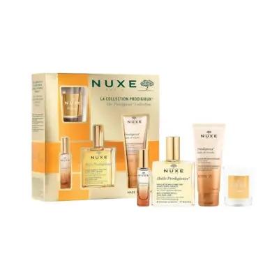 nuxe prodigieux beauty set 2024, nuxe perfume 50ml, nuxe dry oil 100ml, nuxe shower oil 100ml, nuxe candle Nuxe Prodigieux Beauty Set 2024 | Essential Skincare Nuxe Beauty Set 2024 - Essential Self-Care Products nuxe, beauty-set, women-skincare, self-care, fragrance, multi-purpose-oil, shower-oil, luxury, gift-set, ai-generated