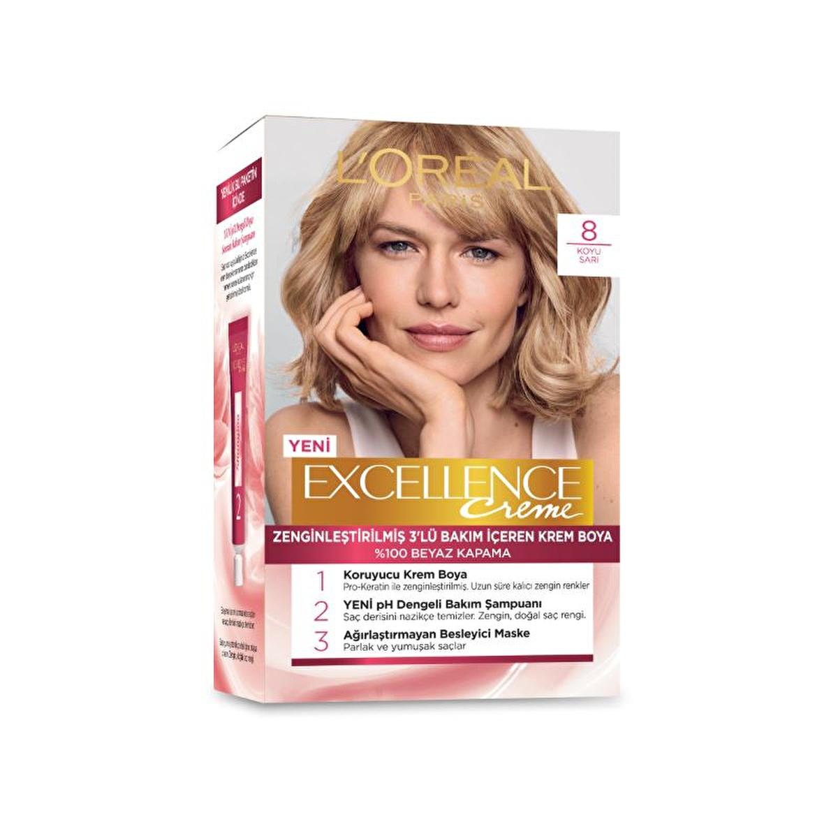 Loreal Paris Excellence Creme Hair Dye - 8 Dark Blonde, Long Lasting Color &amp; Nourishment Loreal Paris Excellence Creme Hair Dye - 8 Dark Blonde Loreal Paris Excellence Creme Hair Dye, 8 Dark Blonde hair color, At home hair dye, Long lasting hair color, Nourishing hair dye, Hair care, Hair coloring, Grey hair coverage, Pro-Keratin hair dye, Ceramide hair mask
