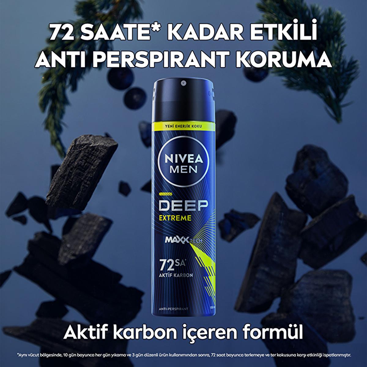 Nivea Men Deep Extreme Deodorant Spray for Men - Long Lasting Anti-Perspirant Protection, 72 Hour Sweat Control, Active Carbon Formula Nivea Men Deep Extreme Deodorant Spray - 72 Hour Protection Nivea Men Deodorant, Deodorant Spray for Men, Long-lasting Anti-perspirant, Active Carbon Deodorant, Dermatologically Tested Deodorant, Men's Grooming, Personal Care, Anti-Perspirant Deodorant, Sweat Control, Odor Protection, Active Lifestyle, Sports Deodorant