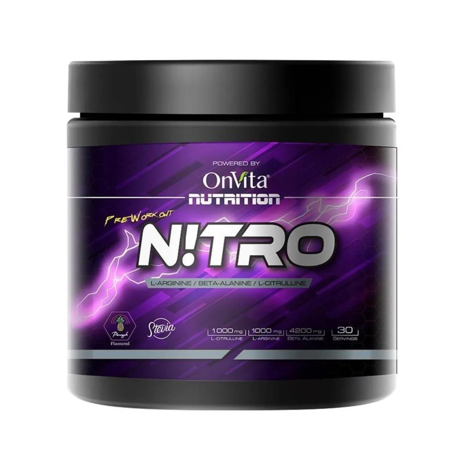 OnVita Nutrition Nitro Dietary Supplement Powder - Supports Muscle Performance & Recovery - 300g OnVita Nutrition Nitro Supplement Powder - Boost Performance & Recovery Dietary Supplement, Nutritional Powder, Fitness Supplement, Amino Acid Supplement, Vitamin Supplement, Recovery Powder, Muscle Performance, Energy Boost, Antioxidant, Beta-Alanine, L-Arginine, L-Citrulline, Vitamins B5, B6, B12, D3, Koenzyme Q10, Korean Ginseng, Powder Supplement, Fitness Nutrition, Workout Recovery