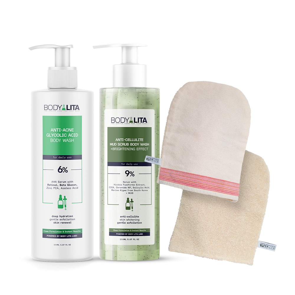 BodyLita Smoothing & Purifying Routine Set, Bath Loofah + Anti-Cellulite Body Wash + Anti-Acne Glycolic Acid Body Wash, 3-Piece Bundle