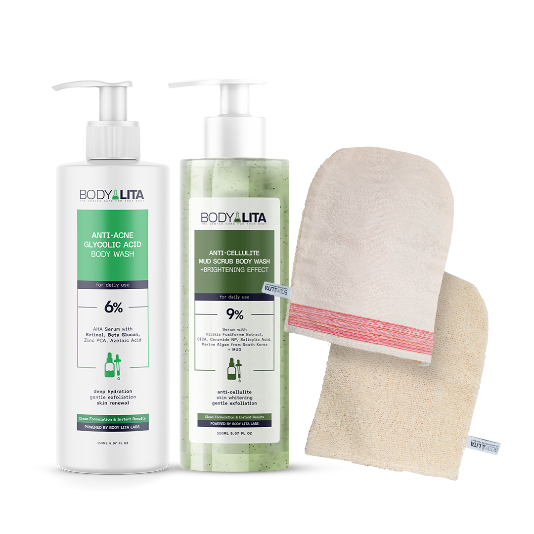 BodyLita Smoothing &amp; Purifying Routine Set, Bath Loofah + Anti-Cellulite Body Wash + Anti-Acne Glycolic Acid Body Wash, 3-Piece Bundle
