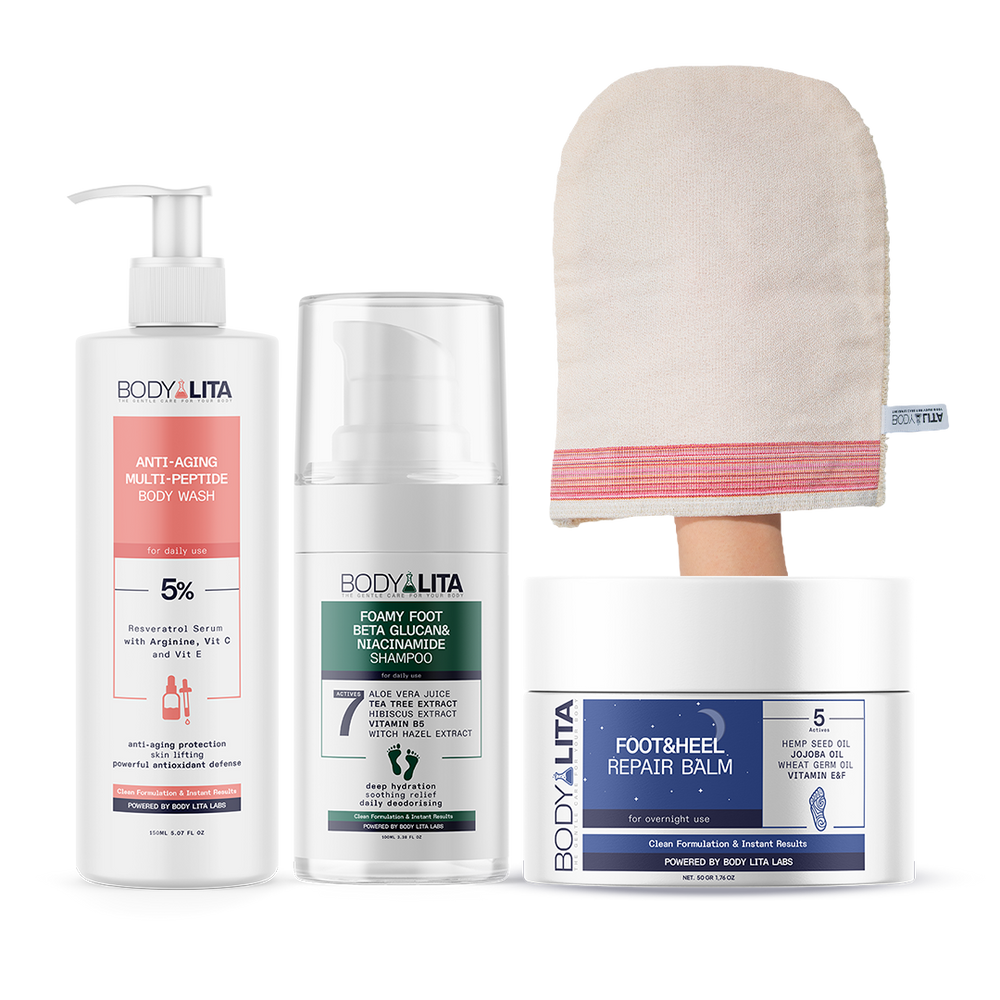 BodyLita Body & Foot Care Routine Set, Anti-Aging Body Wash + Foot Shampoo + Heel Repair Balm Bundle