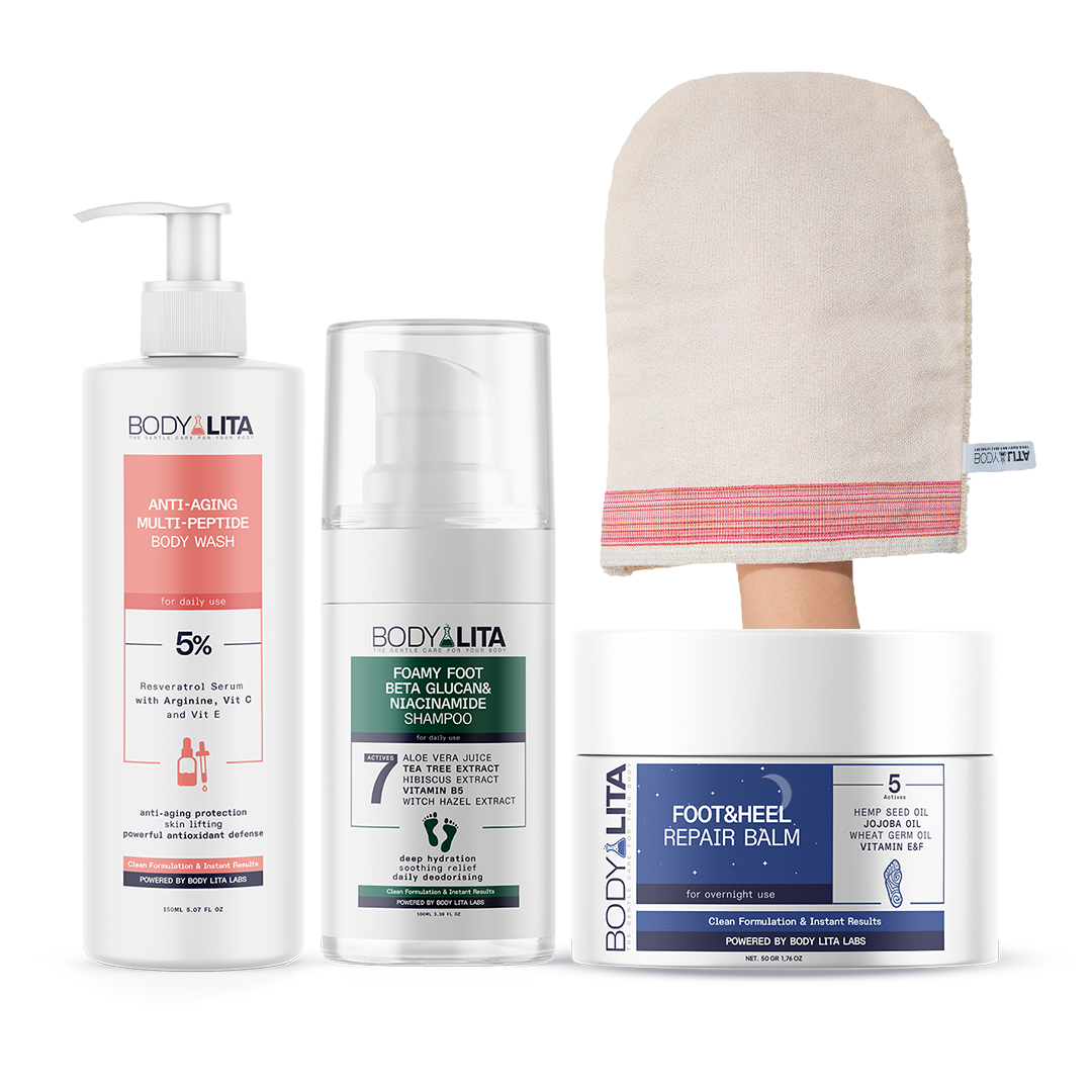 BodyLita Body &amp; Foot Care Routine Set, Anti-Aging Body Wash + Foot Shampoo + Heel Repair Balm Bundle