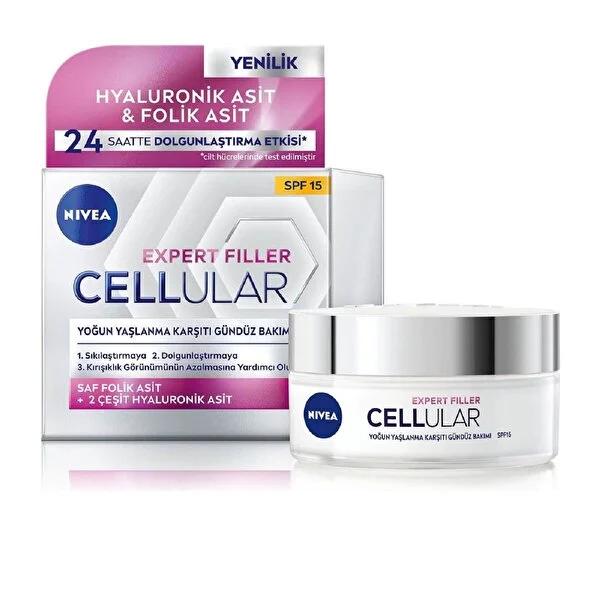 Nivea Anti-Aging Day Cream with Hyaluronic Acid & SPF15 - Nivea Cellular Expert Filler Nivea Anti-Aging Day Cream with Hyaluronic Acid anti-aging day cream, Nivea Cellular Expert Filler, SPF15 facial cream, firming face cream, hyaluronic acid skincare, skincare, anti-aging, day cream, moisturizer, UV protection, dermatologically tested, fine lines, wrinkles, firming, hydration