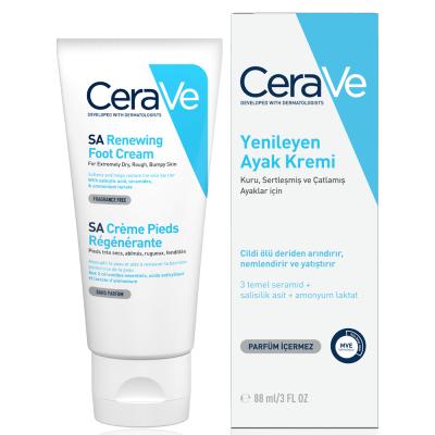 cerave sa foot cream 88 ml front view, cerave sa foot cream 88 ml texture, cerave sa foot cream application on feet CeraVe SA Foot Cream - Renewing Formula | 88 ml CeraVe SA Foot Cream - Renewing Formula | 88 ml cerave, sa-foot-cream, foot-care, dry-skin, exfoliating-cream, skin-care, moisturizer, hypoallergenic, fragrance-free, ai-generated