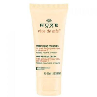 nuxe reve de miel hand and nail cream packaging, nuxe hand and nail cream in use, nuxe hand cream close up Nuxe Reve De Miel Hand & Nail Cream - Nourishing Formula | 50 ml Nuxe Reve De Miel Hand & Nail Cream | 50 ml nuxe, hand-cream, nail-care, moisturizer, natural-ingredients, anti-aging, dry-skin-care, beauty-product, luxury-skincare, ai-generated