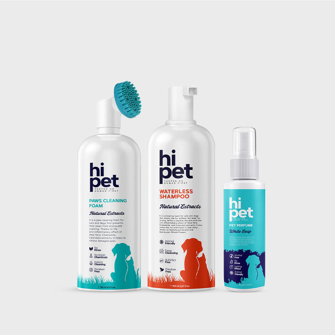 HiPet Clean Paws Set, Dry Shampoo + Paw Cleaning Foam + White Soap Pet Perfume, 3-Piece Bundle