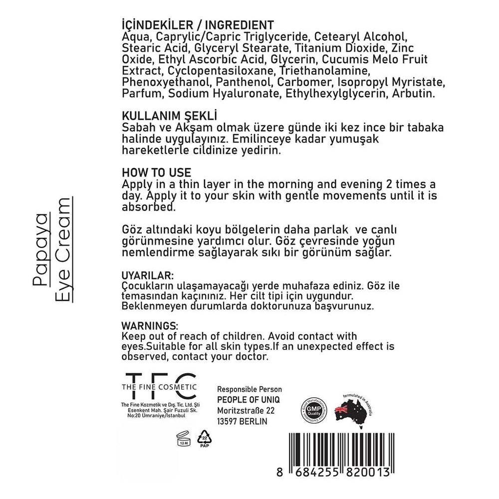 The Fine Organics Papaya Eye Cream for Fine Lines & Puffiness 20ml