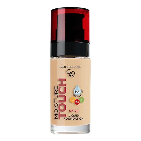 Golden Rose Moisture Touch Liquid Foundation SPF20 - Vegan, Buildable Coverage Golden Rose Liquid Foundation SPF20 - Vegan & Buildable liquid foundation, moisturizing foundation, SPF20 makeup, vegan cosmetics, buildable coverage foundation, natural-looking coverage, Hyaluronic Acid, Niacinamide, Vitamins C and E, sun protection, nourishing foundation, customizable coverage, various shades, cosmetic, makeup, beauty product, skincare