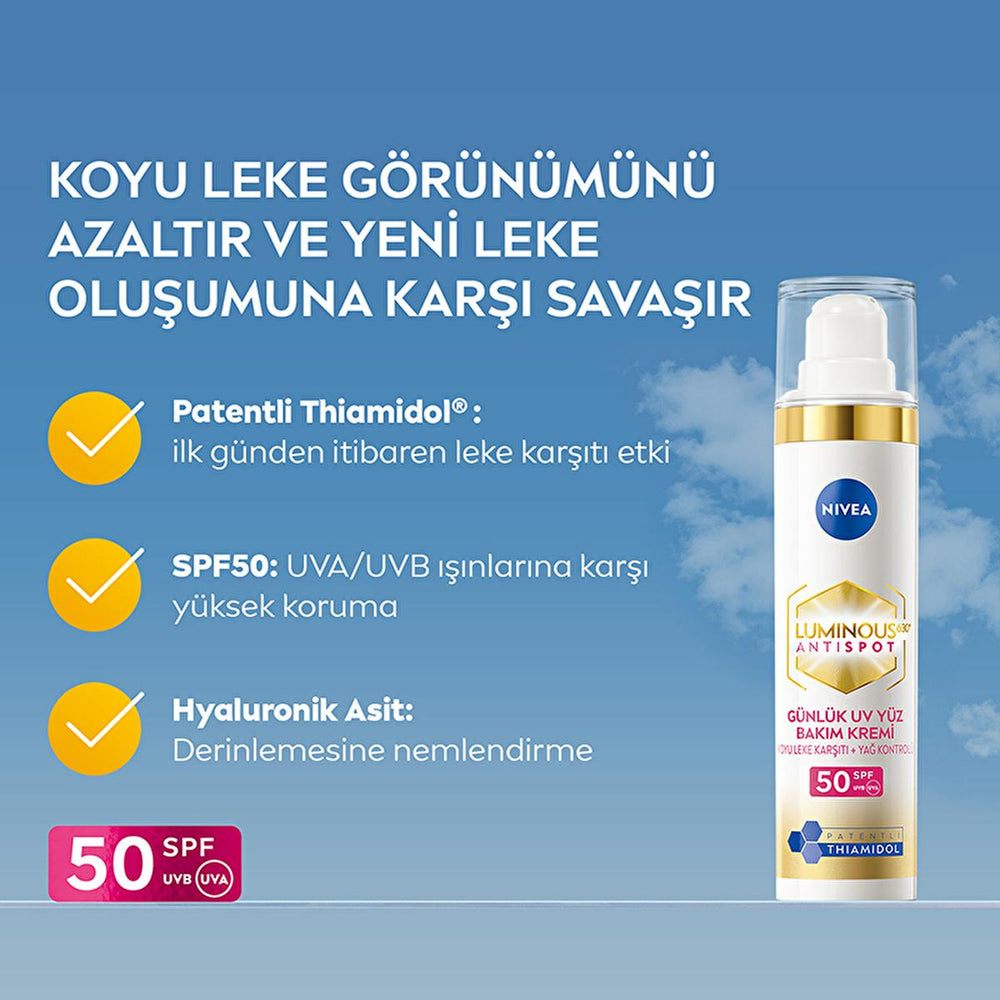 Nivea Luminous630 Dark Spot Reduction Face Cream - SPF50, Hyaluronic Acid - Brightening, Anti-Aging, & Sun Protection - 1.35 fl oz Nivea Luminous630: Dark Spot Cream & SPF50 | Brighter Skin Nivea Luminous630, dark spot cream, hyperpigmentation treatment, SPF50 face cream, anti-dark spot face cream, skin brightening cream, face cream for sensitive skin, Thiamidol cream, sun protection face cream, skin tone evening cream, facial cream, dark spot remover, hyperpigmentation, sun protection, anti-aging, skincare