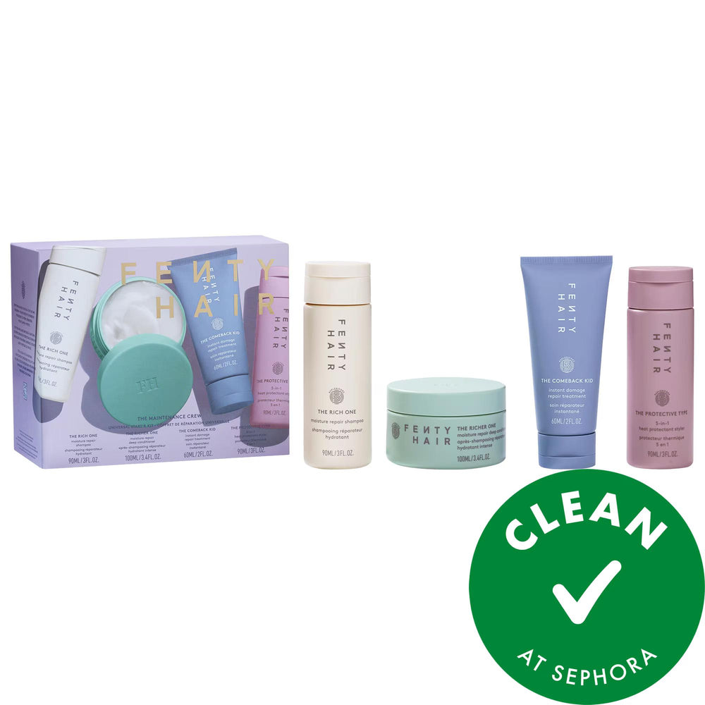 Fenty Beauty by Rihanna The Mini Maintenance Crew Universal Hair Start'R Kit - Vegan Hair Care Kit with Replenicore-5 for Repair, Hydration, and Heat Protection Fenty Beauty Mini Maintenance Crew Hair Kit - Repair & Hydrate hair care kit, Fenty Beauty by Rihanna, Replenicore-5, vegan hair products, gluten-free hair care, cruelty-free hair products, travel-size hair care, heat protectant styler, hair repair treatment, universal hair care, hair repair, hydration, heat protection, straight hair, wavy hair, cur