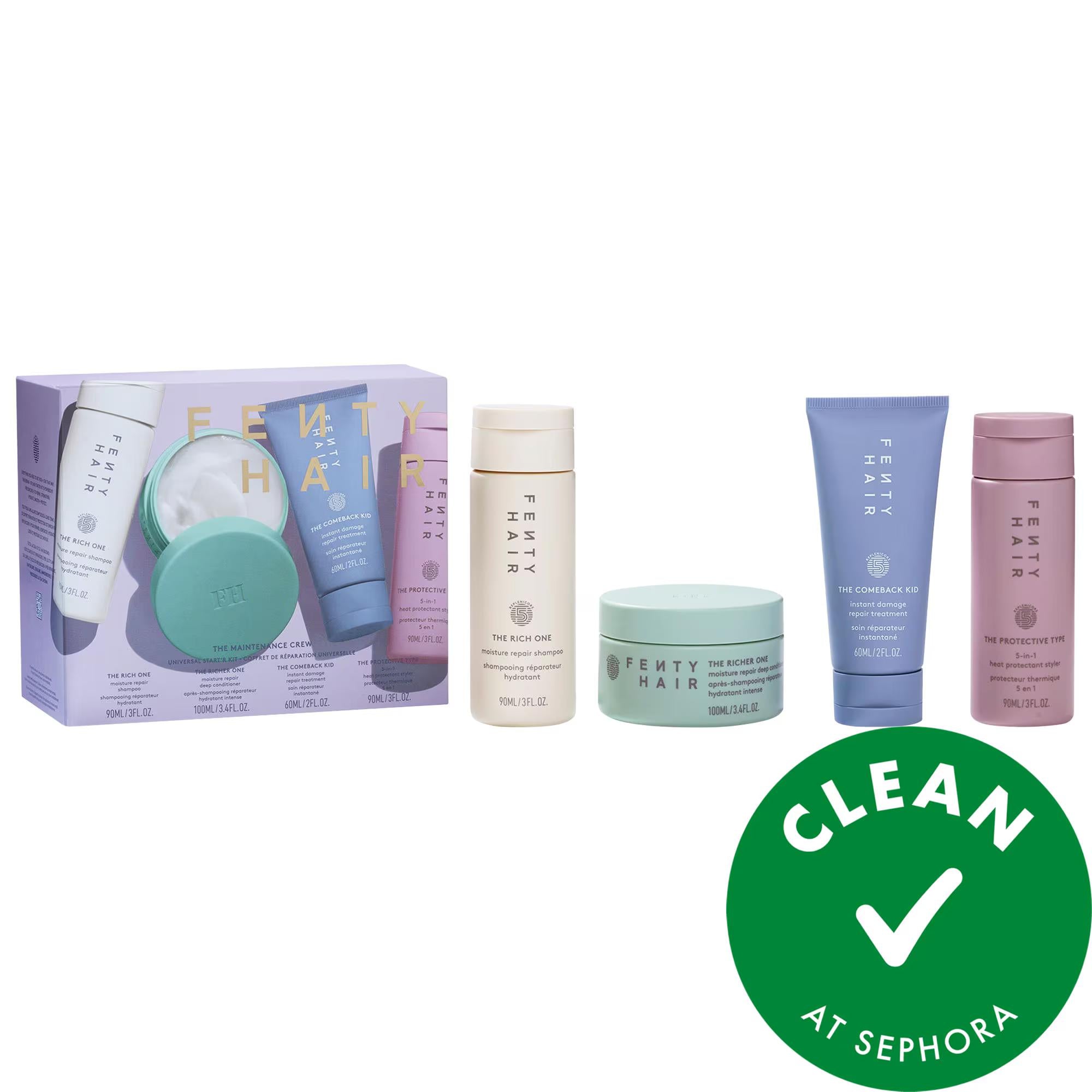 Fenty Beauty by Rihanna The Mini Maintenance Crew Universal Hair Start'R Kit - Vegan Hair Care Kit with Replenicore-5 for Repair, Hydration, and Heat Protection Fenty Beauty Mini Maintenance Crew Hair Kit - Repair & Hydrate hair care kit, Fenty Beauty by Rihanna, Replenicore-5, vegan hair products, gluten-free hair care, cruelty-free hair products, travel-size hair care, heat protectant styler, hair repair treatment, universal hair care, hair repair, hydration, heat protection, straight hair, wavy hair, cur