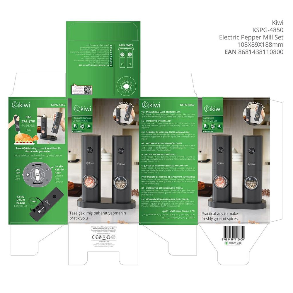 Kiwi Automatic Salt & Pepper Grinder - One-Touch Spice Mill