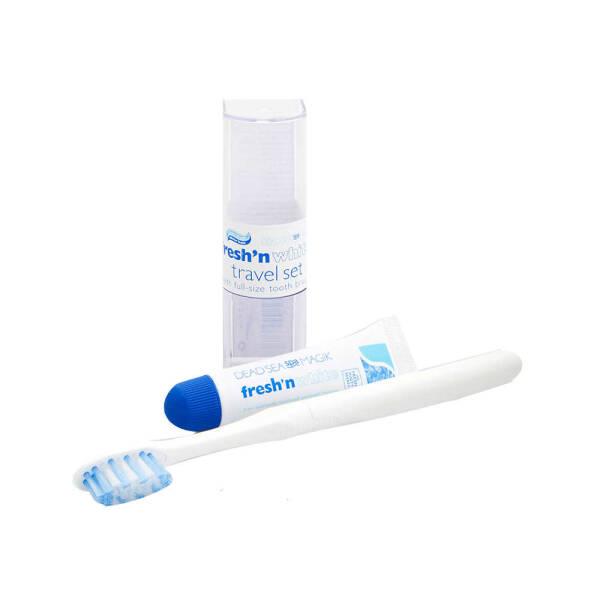 Dead Sea Spa Magik Fresh'n White Oral Care Travel Set with Dead Sea Minerals - Natural Toothbrush & Mouthwash Liquid Dead Sea Oral Care Travel Set - Natural & Refreshing Natural oral care, Dead Sea minerals, Travel oral hygiene set, Toothbrush and mouthwash, Fluoride toothpaste alternative, Oral care travel kit, Natural toothpaste, Dead Sea oral care, Travel hygiene essentials, Health-conscious oral care
