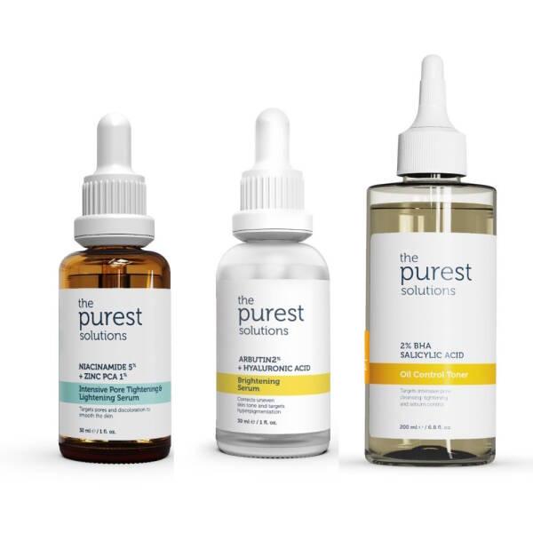 The Purest Solutions Skincare Set - Pore Tightening, Brightening Serum, Oil Control Toner for Even-Toned Skin - Face Serum