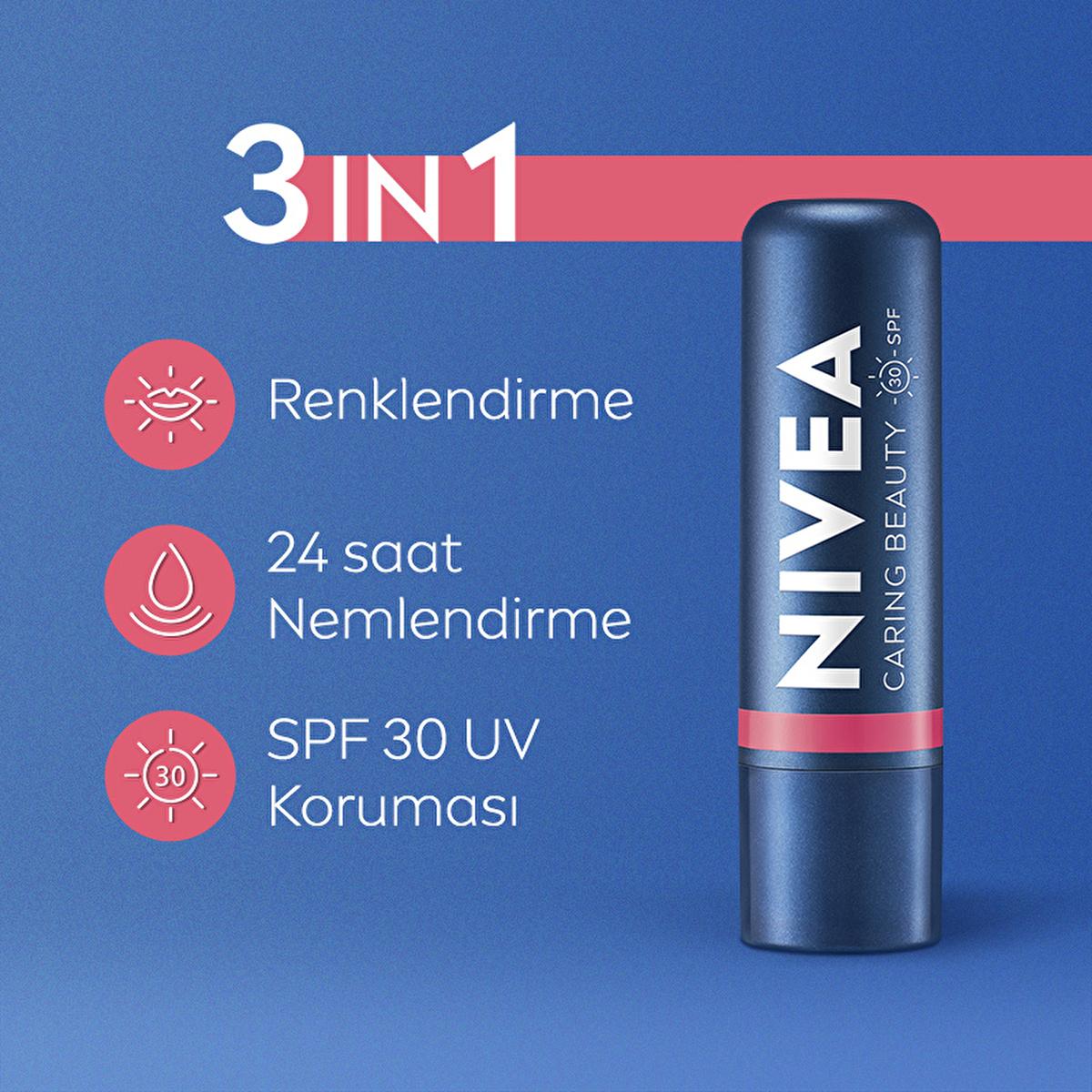 NIVEA Colored Lip Care Cream with SPF30 UV Protection - Moisturizing, Natural Ingredients, 3-in-1 Formula NIVEA Colored Lip Care Cream SPF30 colored lip balm, lip care cream with SPF, natural lip moisturizer, dermatologically tested lip care, multi-functional lip product, lip care, makeup, natural ingredients, SPF30, moisturizing, NIVEA, lip and cheek tint, beauty, cosmetics