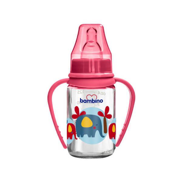 Bambino Glass Baby Bottle with Cherry Tipped Slow Flow Nipple, 125ml, Red Elephant Design - Non-toxic, Durable, - Baby Care