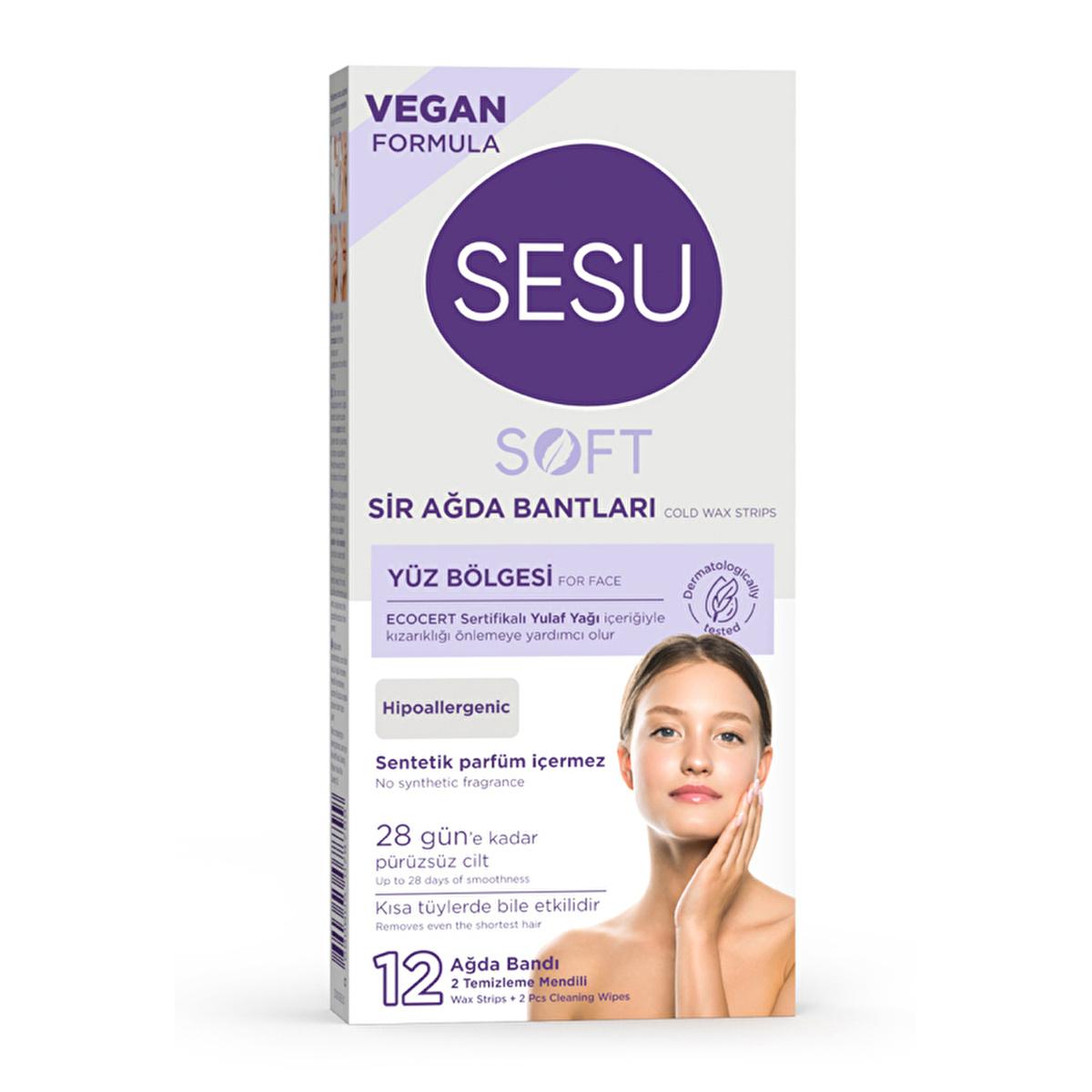 sesu soft wax strips packaging, close up of sesu wax strips, application of sesu soft wax strips on skin Sesu Soft Wax Strips 12 Count - Ideal for Sensitive Skin | Perfect for Face Areas Sesu Soft Wax Strips - 12 Count for Smooth Skin susu-soft-wax-strips, face-waxing, sensitive-skin-care, hair-removal-strip, skincare, smooth-skin, easy-waxing, effortless-hair-removal, ecocert-oat-oil, ai-generated