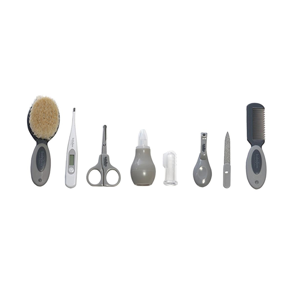 Babyjem 9-Piece Baby Care Set - Newborn Essentials & Grooming Tools for Hygiene & Safety Babyjem 9-Piece Baby Care Set - Newborn Essentials baby care set, newborn essentials, baby grooming tools, baby hygiene products, 9-piece baby care kit, baby nail clippers, digital thermometer, nose aspirator, baby comb, nail file, finger toothbrush, natural bristle brush, storage bag, baby safety, baby health monitoring