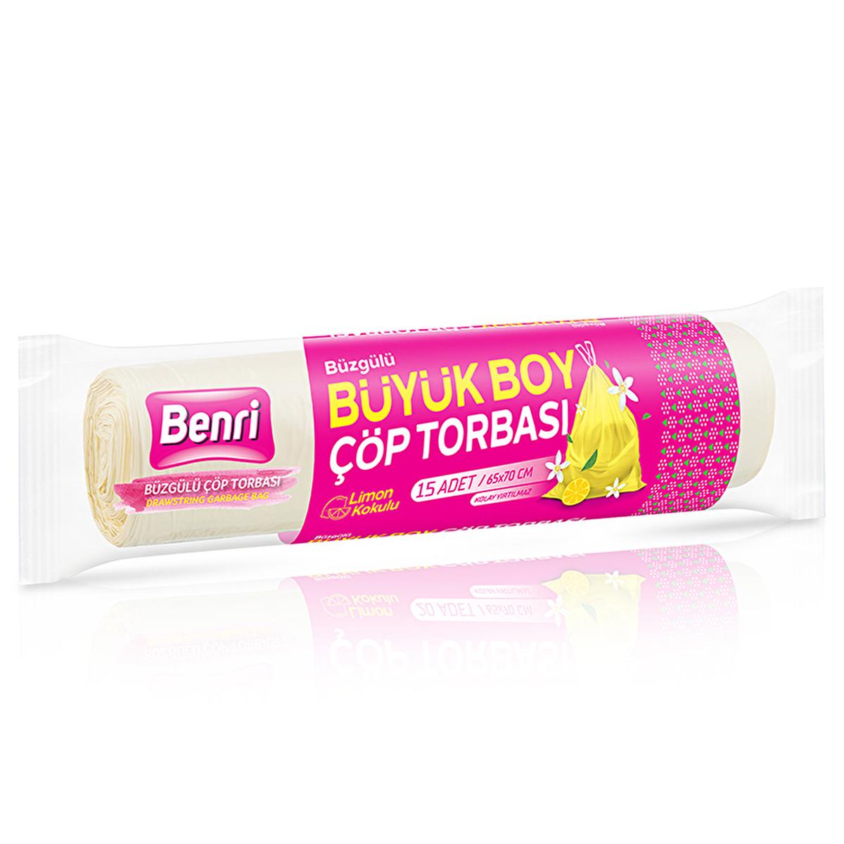 Benri Lemon Scented Trash Bags with Drawstring - Large Size, Pack of 15 Benri Lemon Scented Trash Bags - Large, Pack of 15 scented trash bags, lemon scented garbage bags, drawstring trash bags, large trash bags, durable trash bags, Benri, household cleaning supplies, office cleaning supplies, waste disposal solutions, hygienic trash bags, lemon scented trash bags, garbage bags, trash can liners