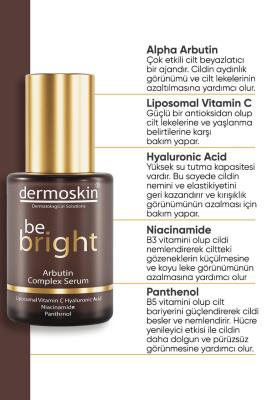 dermoskin be bright arbutin complex serum bottle, dermoskin serum applied on skin Dermoskin Be Bright Arbutin Complex Serum - 30ml Dermoskin Be Bright Serum - Arbutin Complex 30ml dermoskin, arbutin-serum, skincare, brightening-serum, anti-aging, skin-tone-evening, hyaluronic-acid, vitamin-c-serum, niacinamide, ai-generated