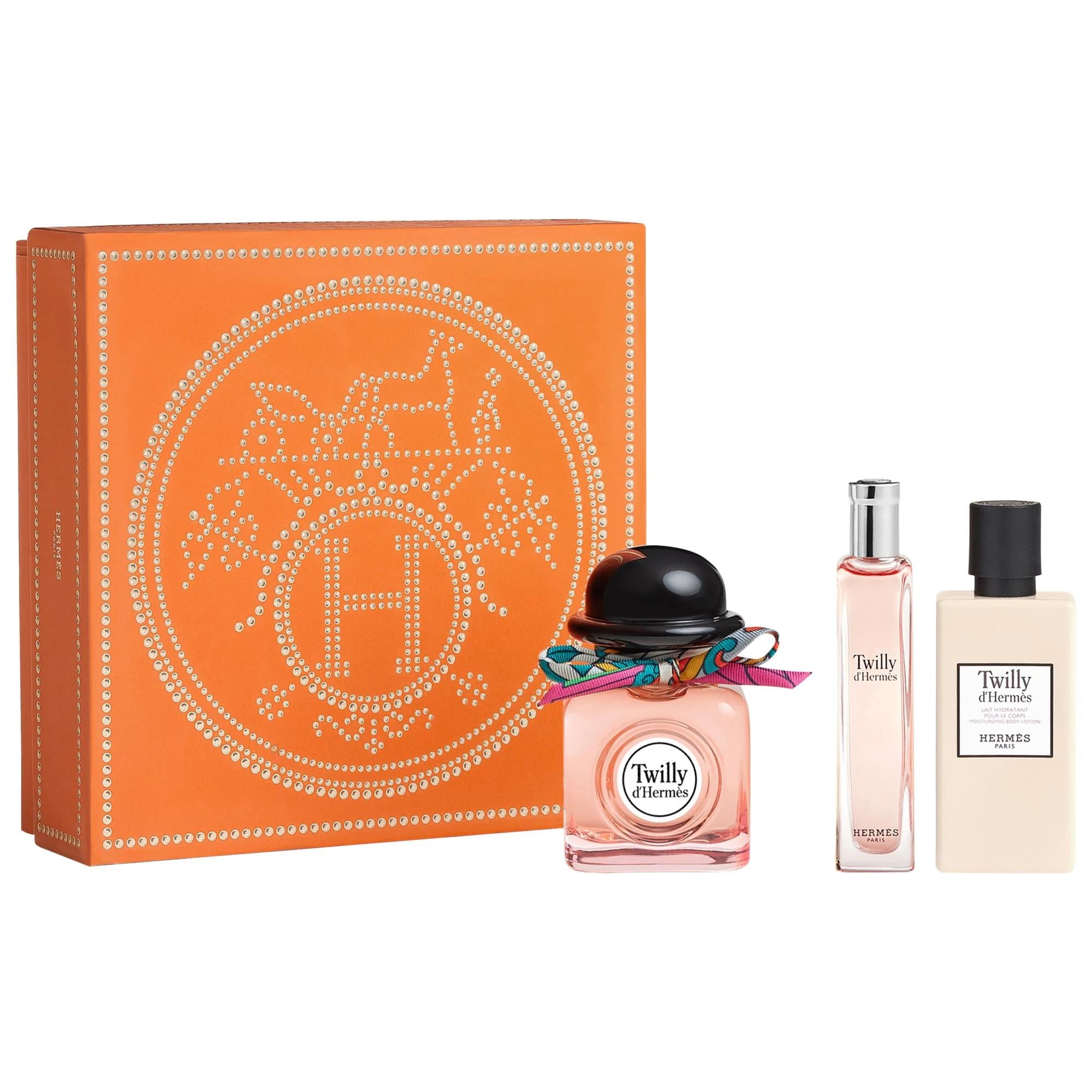 Hermès Twilly d'Hermès Eau de Parfum Trio Set: Floral, Spicy, Powdery Perfume for Women - Includes EDP, Travel Size & Body Lotion Hermès Twilly EDP Set: Floral Spicy Perfume for Women Twilly d'Hermès, Eau de Parfum, Floral fragrance, Spicy perfume, Women's perfume, Perfume gift set, Travel size perfume, Moisturizing body lotion, Ginger tuberose sandalwood perfume, Powdery floral fragrance, Floral perfume, Spicy fragrance, Women's fragrance, Gift set, Travel perfume, Body lotion, Perfume, Fragrance, Eau de p