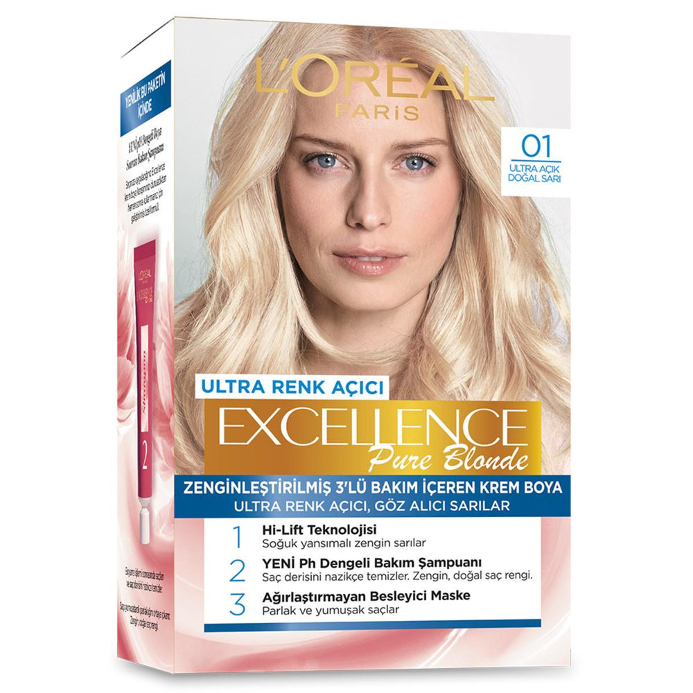 Loreal Paris Excellence Pure Blonde Hair Dye - Ultra Light Natural Blonde, Long-Lasting Color with Hair Care - Shampoo