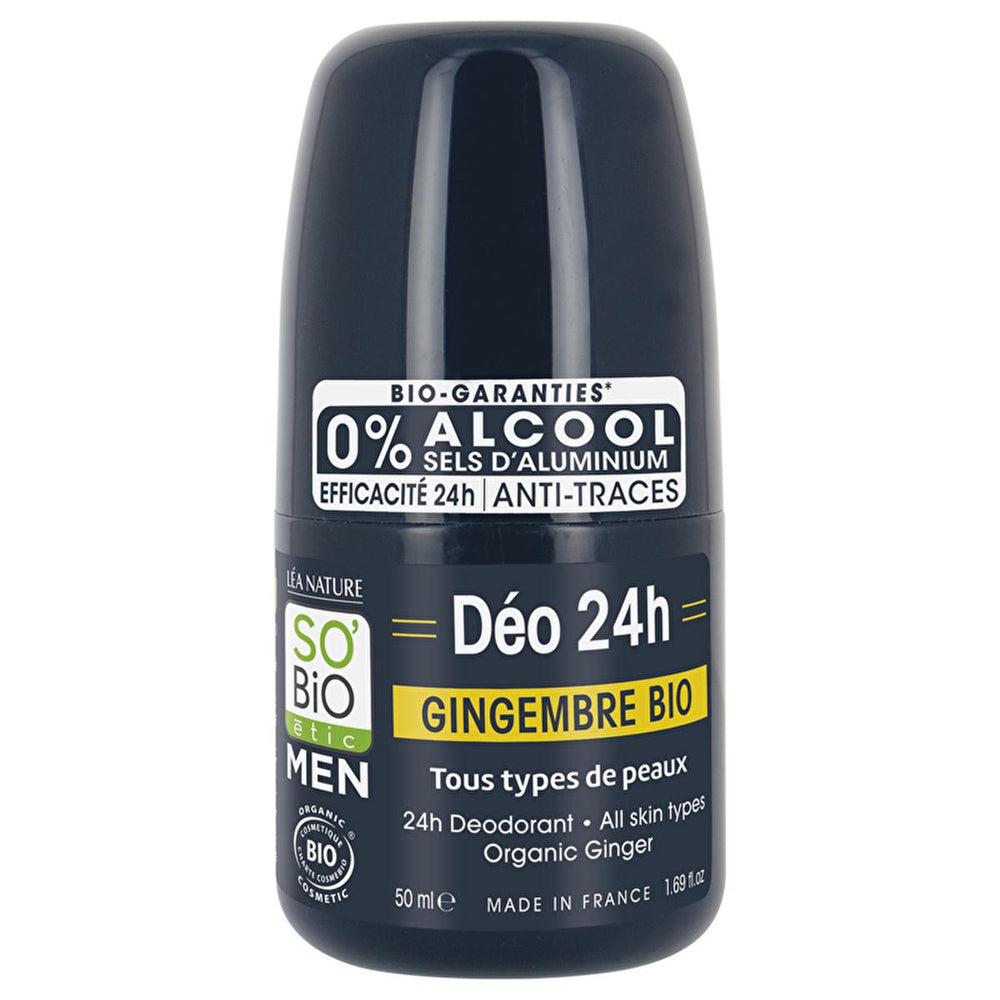 SO’BİO Organic Roll-On Deodorant for Men - Ginger Scent, 24hr Protection, Aluminum-Free - Deodorant