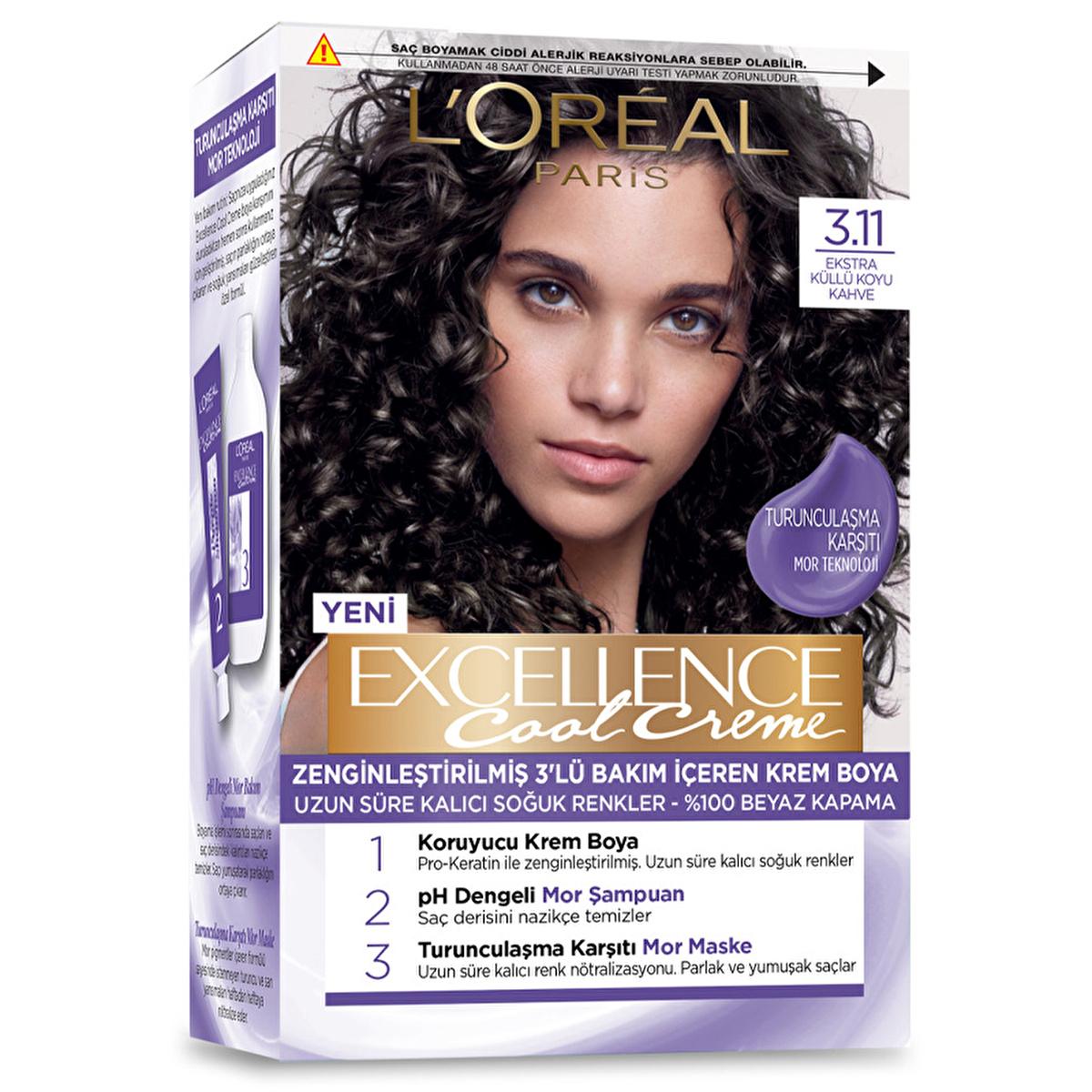 L&#39;Oreal Paris Excellence Cool Creme 3.11: Cool Dark Brown Hair Dye, Anti-Brass, 100% Gray Coverage - At Home Hair Color L&#39;Oreal Cool Dark Brown Hair Dye: Anti-Brass, Gray Coverage hair dye, cool dark brown hair dye, anti-brass hair color, gray coverage hair dye, at home hair color, purple shampoo for colored hair, purple mask for brassiness, Loreal Excellence hair dye, cool creme hair dye, dark ash brown hair dye, hair color, cool tone, brassiness, gray coverage, pro-keratin, purple shampoo, purple mask, ho
