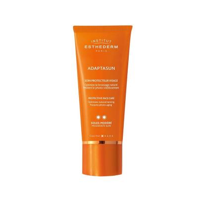 Institut Esthederm Adaptasun Face Cream 50 ml front view, Institut Esthederm Adaptasun Face Cream 50 ml product application Institut Esthederm Adaptasun Face Cream - Moderate Sun | 50 ml Institut Esthederm Adaptasun Face Cream | 50 ml institut-esthederm, face-cream, sensitive-skin, moderate-sun, self-tanner, skincare, bronzing-cream, hydration, sun-protection, ai-generated