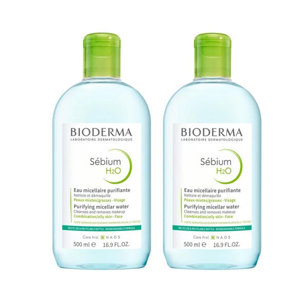 Bioderma Sebium H2O 500ml Twin Set - Gentle Cleansing Water for Oily Skin, Non-comedogenic Skincare, Makeup - Makeup Remover