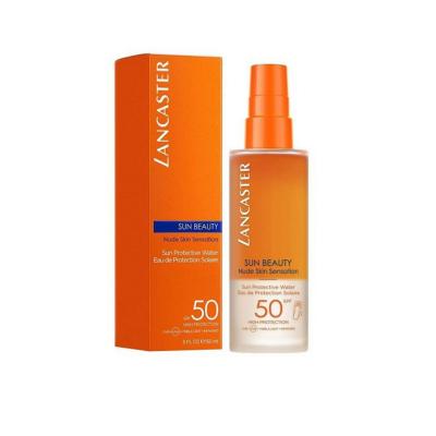 lancaster sun beauty spf 50 protective water, bottle of lancaster sun protective water spf 50, application of sunscreen on beach Lancaster Sun Beauty Sun Protective Water - SPF 50 | 150 ml Lancaster Sun Protective Water SPF 50 | 150ml lancaster, sun-protective-water, spf-50, vegan-sunscreen, water-resistant, beach-day, outdoor-activities, swimmers, sunbathers, ai-generated