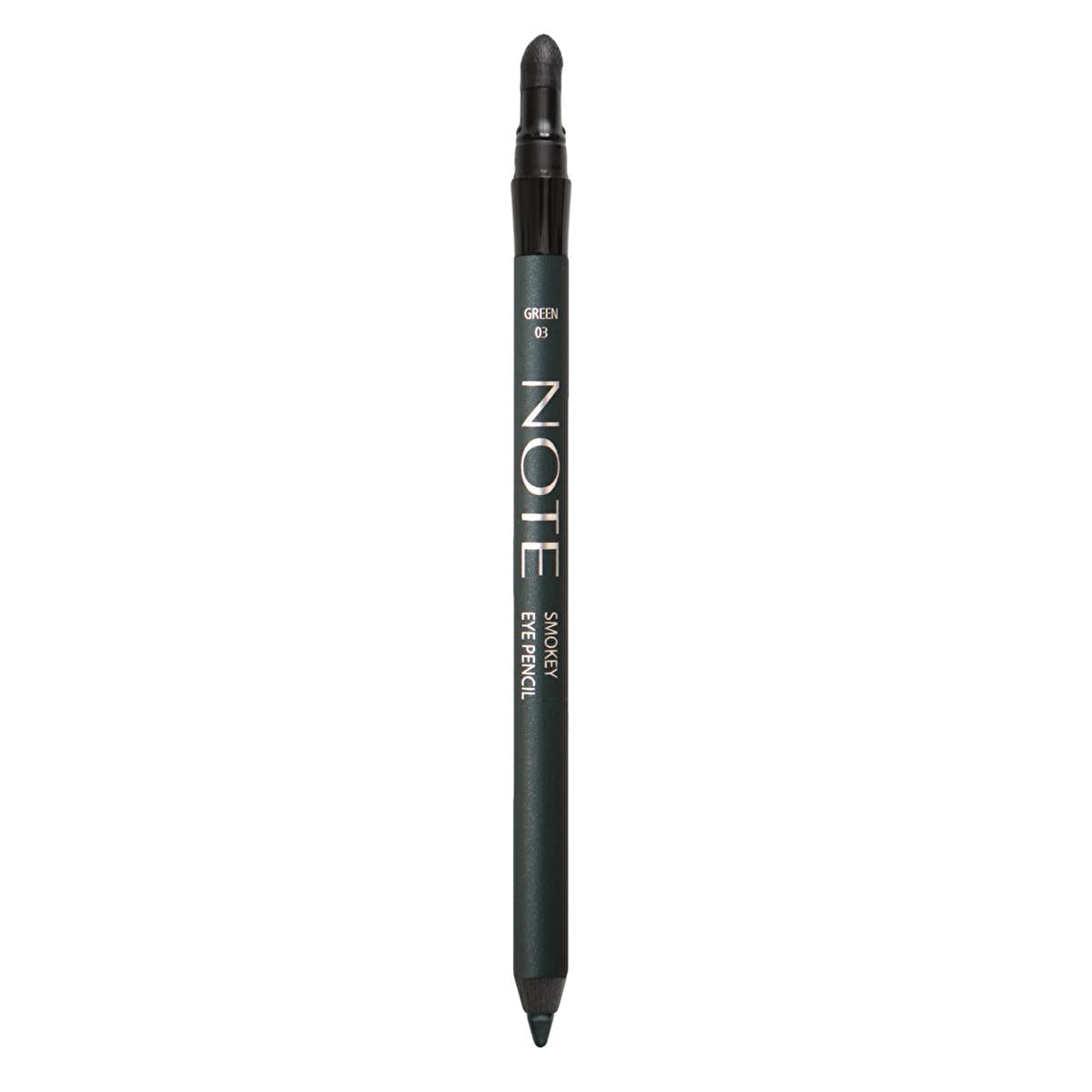 note smokey eye pencil 03 green, swatch of note smokey eye pencil on skin, note smoky eye pencil packaging Note Smokey Eye Pencil 03 Green - Ideal for Sensitive Eyes | 1.2 g Note Smokey Eye Pencil 03 Green note, smokey-eye-pencil, makeup, green-eye-pencil, sensitive-eyes, ai-generated, water-resistant, long-lasting-makeup, makeup-enthusiasts, dermatologically-tested