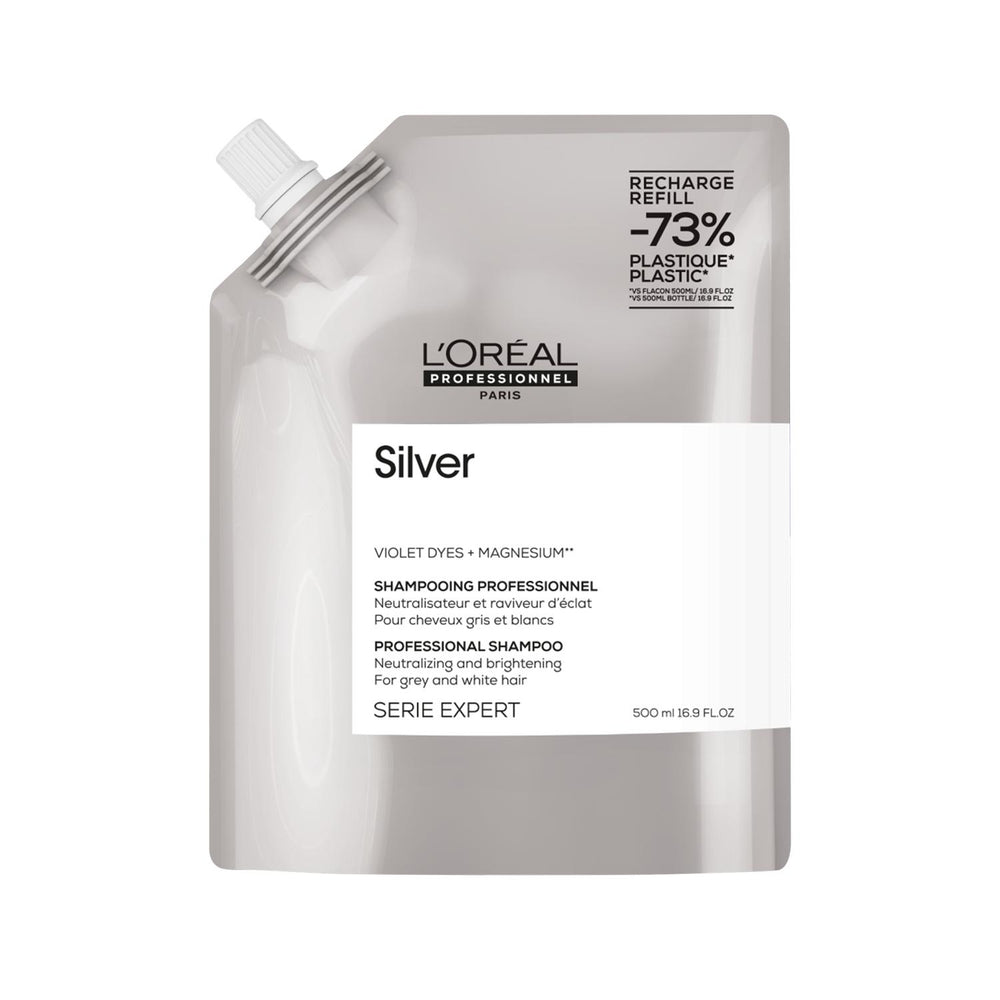 L'Oreal Professionnel Silver Purple Shampoo: Color Toning for Blonde, Gray & White Hair - Anti Brass Shampoo, 500ml Refill L'Oreal Purple Shampoo: Tone Blonde, Gray & White Hair purple shampoo, color toning shampoo, blonde hair shampoo, gray hair shampoo, white hair shampoo, anti brass shampoo, loreal silver shampoo, color balancing shampoo, shampoo for blonde hair, shampoo for gray hair, shampoo, hair care, brassiness, blonde, gray, white, silver, toning, color protection, cool tones, hair cleanser, hair t
