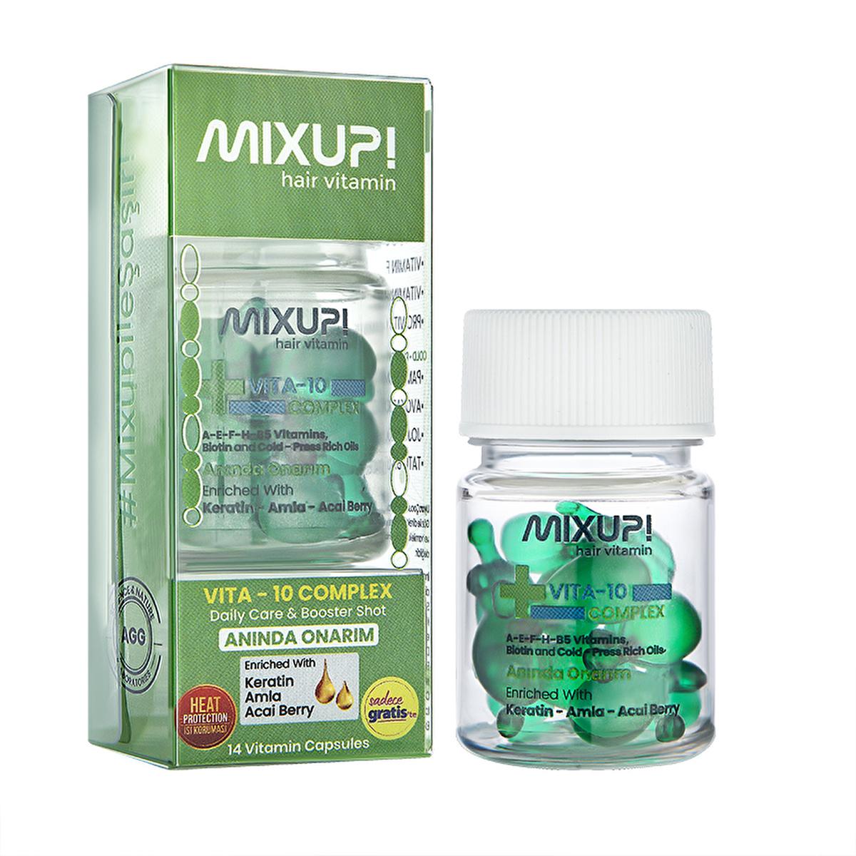 mixup vita 10 complex hair vitamin booster capsules, bottle of mixup vita 10 complex for damaged hair Mixup! Vita 10 Complex Hair Vitamin & Booster - For Damaged Hair | 10 Capsules Mixup! Vita 10 Complex Hair Vitamin Booster mixup, hair-vitamin, damaged-hair, hair-care, hair-booster, vitamin, silky-hair, nourishing, heat-protection, ai-generated