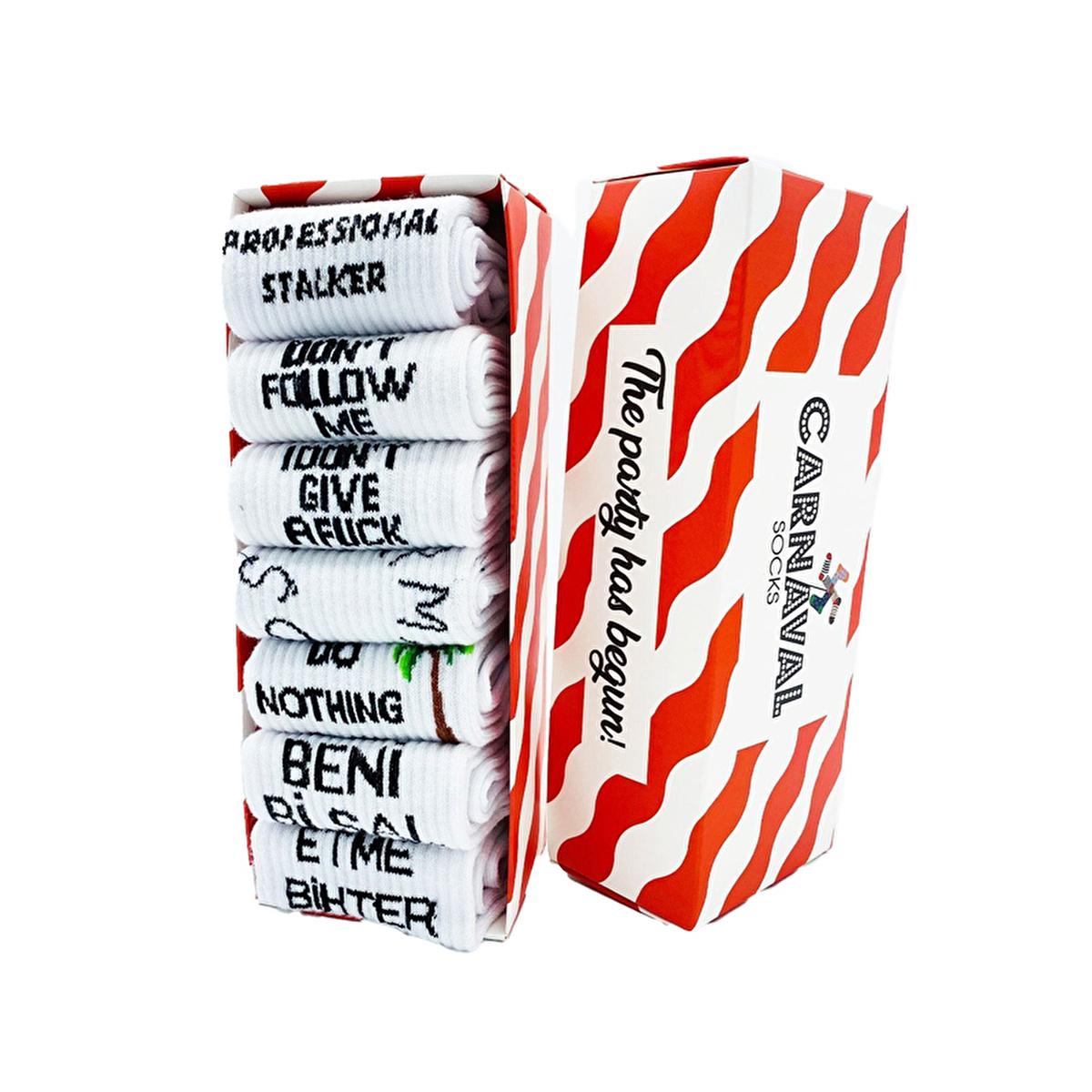 Carnaval Socks 7-Pair Slogan Design Socks Set - Comfortable Casual Socks for Fashion-Conscious Individuals Carnaval Socks Set - 7 Pairs socks set, designer socks, casual socks, comfortable socks, slogan socks, fashion accessories, clothing accessories, men&#39;s socks, women&#39;s socks, unisex socks, cotton socks, polyamide socks, elastane socks, fun socks, gift ideas
