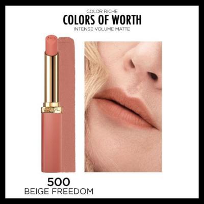 loreal-paris-color-riche-matte-lipstick-500-beige-freedom, close-up-of-loreal-paris-lipstick-tube L'Oreal Paris Color Riche Intense Volume Matte Lipstick - 500 Beige Freedom L'Oreal Paris Color Riche Matte Lipstick - Beige Freedom loreal-paris, matte-lipstick, hyaluronic-acid, intense-volume, beauty, makeup, lip-color, moisturizing, beige-freedom, ai-generated